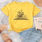 Book & Floral Print Crew Neck T-Shirt, Casual Short Sleeve T-Shirt For Spring & Summer, Women'S Clothing