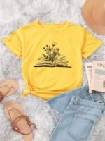 Book & Floral Print Crew Neck T-Shirt, Casual Short Sleeve T-Shirt For Spring & Summer, Women'S Clothing