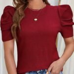 Puff Sleeve Solid T-Shirt, Elegant Crew Neck Top For Spring & Summer, Women'S Clothing