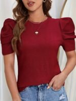 Puff Sleeve Solid T-Shirt, Elegant Crew Neck Top For Spring & Summer, Women'S Clothing