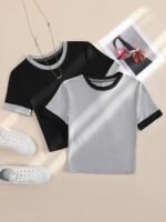 2Pcs Summer Short Sleeved Women Splicing Simple Short Top Slimming Elastic T -Shirt Women - Image 4