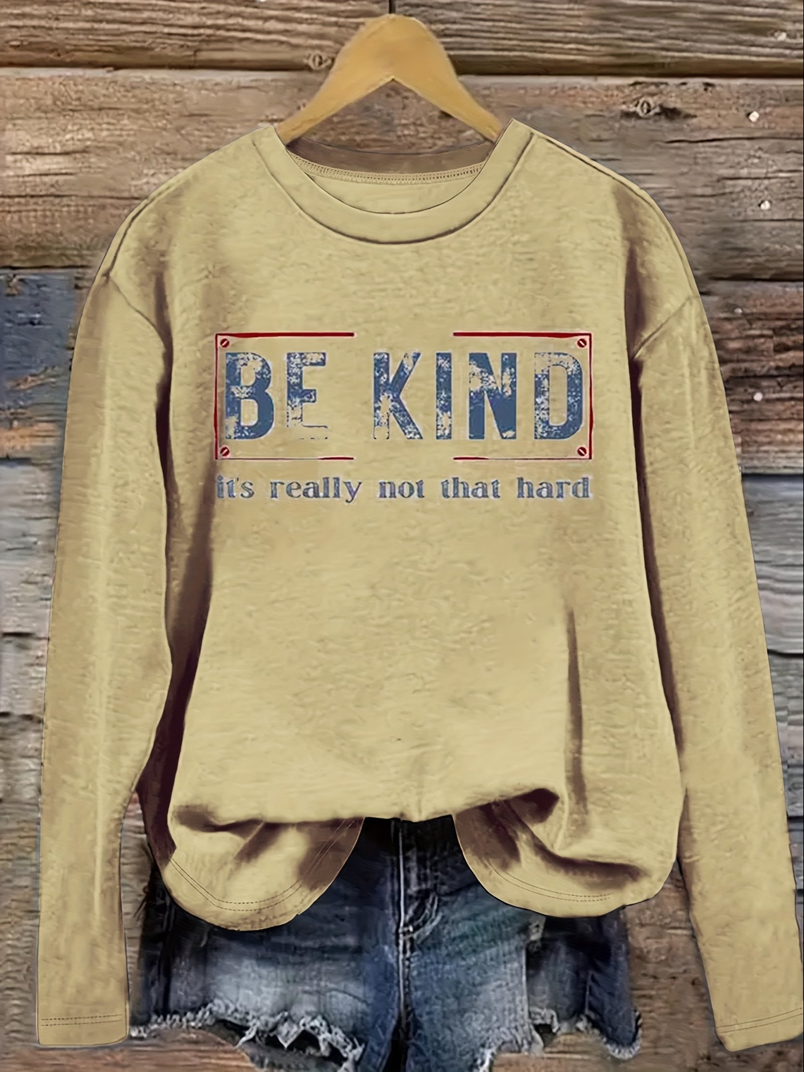 product-Fancyalgo-VirtualModelMatting-0e56291c91b59c4e24fc18690d117af7.jpg Be Kind Print T-Shirt, Casual Crew Neck Long Sleeve Top For Spring & Fall, Women'S Clothing - Image 1