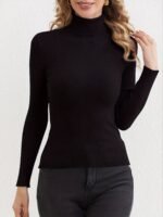 Turtleneck Rib Knit Sweater, Sexy Solid Slim Long Sleeve Sweawter, Women'S Clothing - Image 10