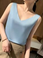 Velvet Boat Women?S Sleeveless V-Neck Tank Top - Soft Satin Finish, Loose Fit For Summer Layering, Lightweight & Breathable Polyester Blend, Elegant Solid Color Design, Breathable Clothing | Sleeveless Fashion | Satin Finish Top - Image 5