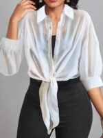 Plus Size Women'S Lightweight Semi-Sheer Chiffon Shirt - Casual Beach Cover-Up With Front Tie Bow, Loose Fit Open Front Button-Up For Swimsuits & Dresses, Machine Washable Spring/Summer Tops, Summer Layering Piece, Foldover Collar, Elegant Ruching, Vacation Outfit, Flowy Texture, Stylish Cover Up, Beachgoers Outfit - Image 9