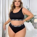 Women'S Plus Size Lingerie Set - Black High-Neck Crop Top With Bold "Love" Print, Stretchy & Form-Fitting, Perfect For Adult Casual Attire, Intimate Apparel | Formfitting Design | Stretchy Fabric