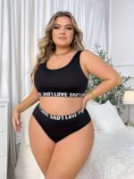 Women'S Plus Size Lingerie Set - Black High-Neck Crop Top With Bold "Love" Print, Stretchy & Form-Fitting, Perfect For Adult Casual Attire, Intimate Apparel | Formfitting Design | Stretchy Fabric