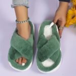 Women'S Platform Fuzzy House Slippers, Open Toe Criss Cross Solid Color Casual Home Slides, Women'S Indoor Flat Comfy Shoes - Image 14