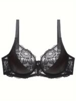 Elegant Plus Size Lace Bralette With Bow Detail, Polyamide Blend, Medium Stretch, Solid Color, Knit Fabric, Underwire Support, No Padding - Image 2