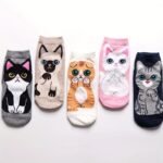 5 Pairs Cartoon Cat Print Socks, Cute & Breathable Ankle Socks, Women'S Stockings & Hosiery - Image 3