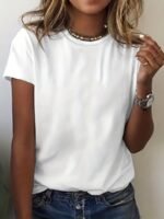 Women'S Casual Solid Color Blank Short Sleeve T-Shirt - Round Neck Regular Fit Machine Washable Spring Summer Essential Versatile Top, Plain T Shirts For Ladies, Casual Attire, Minimalist Style, Smooth Texture - Image 3
