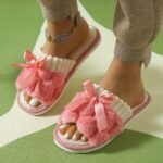 Colorblock Fuzzy Home Warm Slippers, Bowknot Decor Soft Sole Lightweight Fuzzy Shoes, Non-Slip Winter Plush Shoes - Image 8
