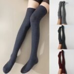 1 Pair Women'S Over-The-Knee Ribbed Socks - Stackable Design, Solid Color (Navy/Grey/Burgundy), All-Season Machine Washable For Casual & Formal Wear