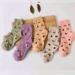 5 Pairs Women'S Socks - Cute Cat Face Design, Pastel Candy Colors, Soft Short Socks For Autumn/Winter, Elegant Japanese-Style Animal Pattern, Hand Wash/Dry Clean, Cute Socks, Cozy Home Wear, Winter Warm Socks, Playful Sock Designs, Comfortable Sock Material
