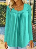 Women'S Elegant Square Neck Long Sleeve Blouse - Solid Green Summer Top With Vertical Pleats, Machine Washable Casual Chic Shirt For Office & Social Events, Nontransparent Fabric - Image 10