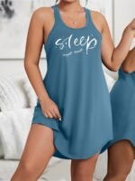Plus Size Basic Loungewear Dress, Women'S Plus Eyelash & Letter Print Scoop Neck Racer Back Curve Hem Tank Sleep Dress - Image 6