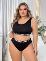 Women'S Plus Size Lingerie Set - Black High-Neck Crop Top With Bold "Love" Print, Stretchy & Form-Fitting, Perfect For Adult Casual Attire, Intimate Apparel | Formfitting Design | Stretchy Fabric - Image 4