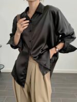 Elegant Long Sleeve Button-Up Blouse For Women - Chic Acetate Top With Lapel Collar, Solid Color, Perfect For Office Or Casual Wear, All-Season Comfort, Stylish Blouse | Classic Long Sleeve | Smooth Texture - Image 9