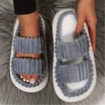 Women'S Double Straps Plush Slippers, Solid Color Open Toe Non Slip Comfy Slides Shoes, Fashion Indoor Platform Slippers - Image 6