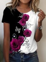 Rose Print Color Block T-Shirt, Casual Crew Neck Short Sleeve T-Shirt, Women'S Clothing - Image 4