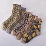 5-Pack Women'S Mid-Calf Socks - Embossed Floral & Lace Design, Breathable Ribbed Cuffs, Assorted Colors (Olive Green, Grey, Black, Brown, Navy) For Casual & Dressy Occasions