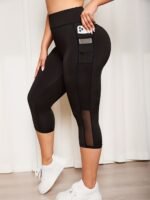 Plus Size Mesh Seven-Split Pants With Pockets, High-Waisted Tummy Control Workout Running Yoga Leggings, Women'S Sportswear - Image 6