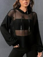 Y2K Style Hooded Mesh Long Sleeve T-Shirt, Summer Knit Fabric Top With Contrast Mesh Detail, Polyester And Spandex Blend, Regular Length Solid Color Tee - Image 2