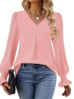 Long-Sleeve Dress Shirt With V-Neck And Loose Chiffon Top - Image 5