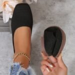 Women'S Black Woven Fabric Slip-On Flats - Casual Square Toe Shoes For Indoor & Outdoor Wear, All-Season Comfort With Rubber Sole, Breathable & Stylish Design
