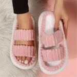 Women'S Double Straps Plush Slippers, Solid Color Open Toe Non Slip Comfy Slides Shoes, Fashion Indoor Platform Slippers - Image 4