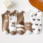 5-Pair Women'S Ankle Socks - Cute Bear Face & Paw Prints, Lightweight Breathable Everyday Socks For Spring/Summer, Brown Beige & Colors, Casual Outfits & Themed Events - Perfect Gift For Anime Fans, Seasonal Footwear, Playful Design, Comfortable Fit, Kawaii Lovers