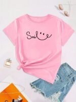 Plus Size Face Print Short Sleeve T-Shirt, Women'S Plus Slight Stretch Round Neck Casual Tee - Image 7