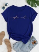 Letter Print T-Shirt, Casual Short Sleeve Crew Neck Top For Spring & Summer, Women'S Clothing