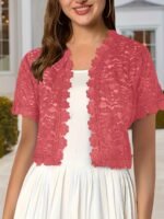 Women'S Elegant Yellow Lace Short Sleeve Cardigan - Sheer V-Neck, Short Length, All-Season Wear, Perfect For Formal Events And Casual Attire, Formal Attire|Elegant Lace Design|Sheer Fabric, Lace Coverup - Image 9