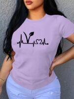 Plant Print Short Sleeve T-Shirt, Crew Neck Casual Top For Summer & Spring, Women'S Clothing - Image 9