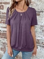 Women'S Elegant Summer Casual Short Sleeve T-Shirt - Solid Color Round Neck Blouse With Ruching Detail, Machine Washable Regular Fit Top For Casual Attire, Short Sleeve Blouse, Soft Fabric Tee - Image 10