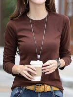 Women'S Elegant Crew Neck T-Shirt, 100% Polyester Knit Fabric, High Stretch Solid Color Top, Regular Length, 180Gsm - Spring/Summer Fashion - Image 5