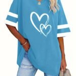Women'S Casual V-Neck Short Sleeve T-Shirt - Royal Blue With White Heart Print, Breathable Fabric, Machine Washable For Spring Summer Fall, Seasonal Fashion, Striped Detailing, Relaxed Fit Shirt