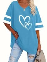 Women'S Casual V-Neck Short Sleeve T-Shirt - Royal Blue With White Heart Print, Breathable Fabric, Machine Washable For Spring Summer Fall, Seasonal Fashion, Striped Detailing, Relaxed Fit Shirt
