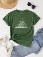 Book & Floral Print Crew Neck T-Shirt, Casual Short Sleeve T-Shirt For Spring & Summer, Women'S Clothing - Image 5