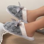 Solid Color Home Warm Slippers, Slip On Soft Sole Fluffy Flat Bowknot Decor Shoes, Winter Plush Cozy Non-Slip Shoes - Image 4