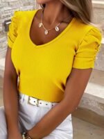 Solid Ribbed V Neck T-Shirt, Casual Puff Sleeve T-Shirt For Spring & Summer, Women'S Clothing - Image 2