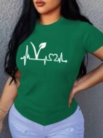 Plant Print Short Sleeve T-Shirt, Crew Neck Casual Top For Summer & Spring, Women'S Clothing - Image 10