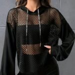 Y2K Style Hooded Mesh Long Sleeve T-Shirt, Summer Knit Fabric Top With Contrast Mesh Detail, Polyester And Spandex Blend, Regular Length Solid Color Tee