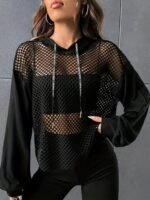 Y2K Style Hooded Mesh Long Sleeve T-Shirt, Summer Knit Fabric Top With Contrast Mesh Detail, Polyester And Spandex Blend, Regular Length Solid Color Tee