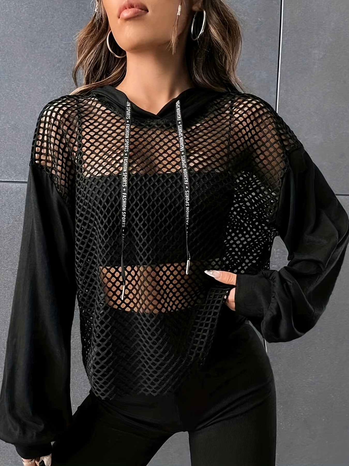 product-Fancyalgo-VirtualModelMatting-1dcf3833c856f6a6a82e5c276c919231.jpg Y2K Style Hooded Mesh Long Sleeve T-Shirt, Summer Knit Fabric Top With Contrast Mesh Detail, Polyester And Spandex Blend, Regular Length Solid Color Tee - Image 1