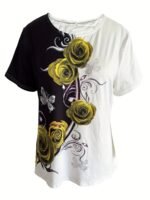 Rose Print Color Block T-Shirt, Casual Crew Neck Short Sleeve T-Shirt, Women'S Clothing - Image 6