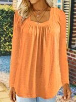 Women'S Elegant Square Neck Long Sleeve Blouse - Solid Green Summer Top With Vertical Pleats, Machine Washable Casual Chic Shirt For Office & Social Events, Nontransparent Fabric - Image 8
