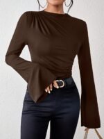 Solid Color Crew Neck T-Shirt, Casual Flare Sleeve T-Shirt For Spring & Fall, Women'S Clothing - Image 2