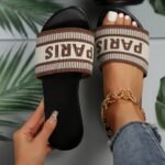Women'S Paris Letter Print Flying Woven Slip-On Slippers - Breathable Fabric Upper & Lining, Cushioned Pu Sole, Open-Toe Summer Sandals With Back Strap For Casual Comfort, Comfortable Wear | Trendy Footwear | Durable Footbed, Ladies Slippers - Image 4